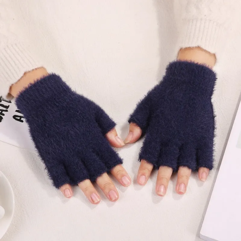 1 Pair Fingerless Knitted Polyamide Gloves, Elastic Warm Winter Fuzzy Gloves for Going Out, Casual Windproof Hand Warmers with Hand Wash or Dry Clean Care Instructions