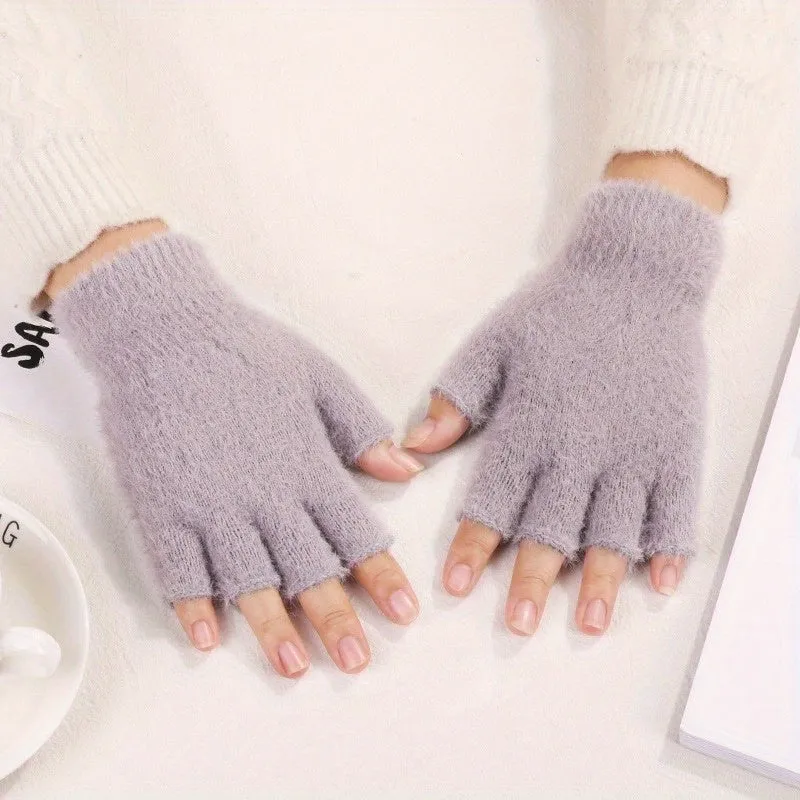 1 Pair Fingerless Knitted Polyamide Gloves, Elastic Warm Winter Fuzzy Gloves for Going Out, Casual Windproof Hand Warmers with Hand Wash or Dry Clean Care Instructions