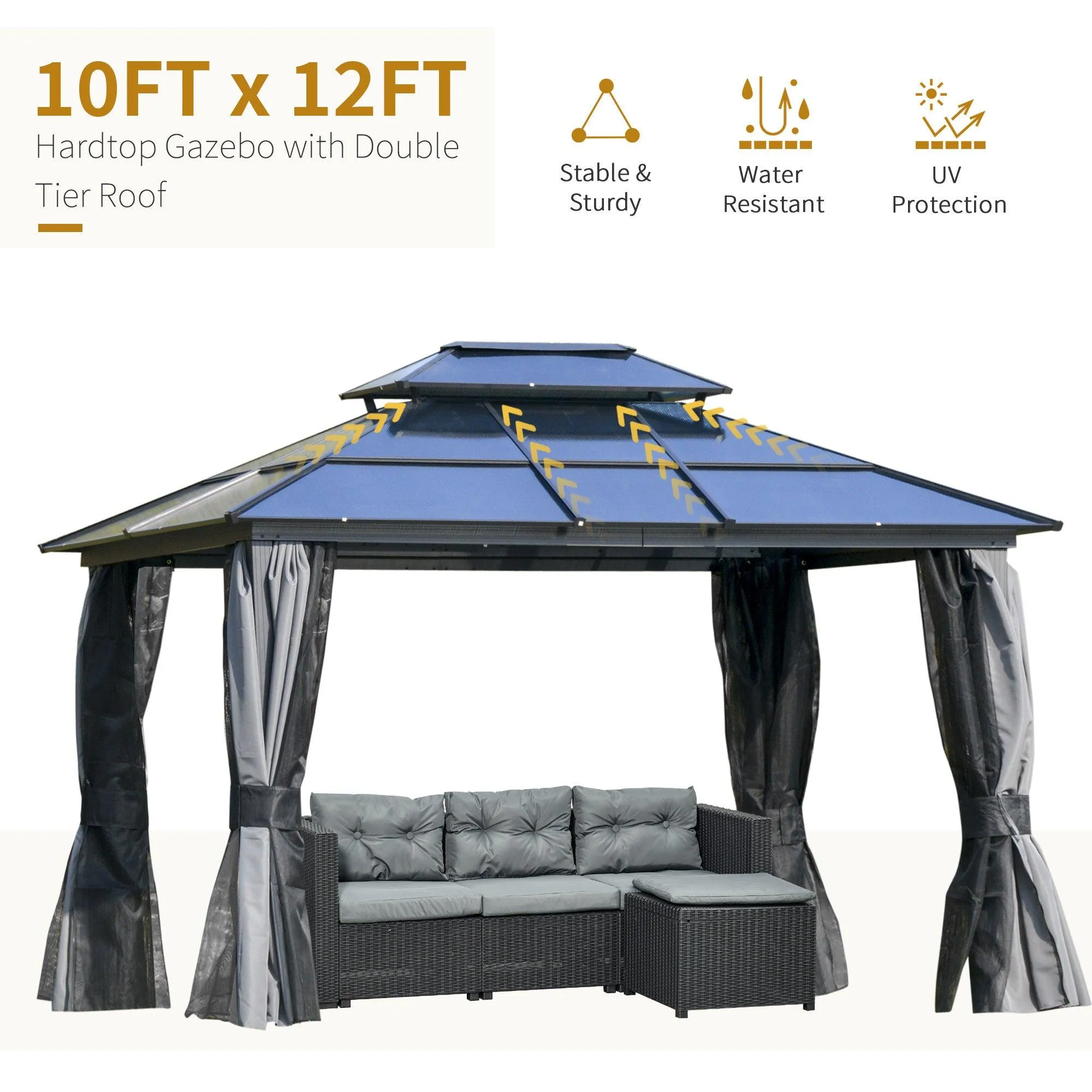 10' x 12' Hardtop Gazebo Canopy with Polycarbonate Double Roof, Aluminum Frame, Gray