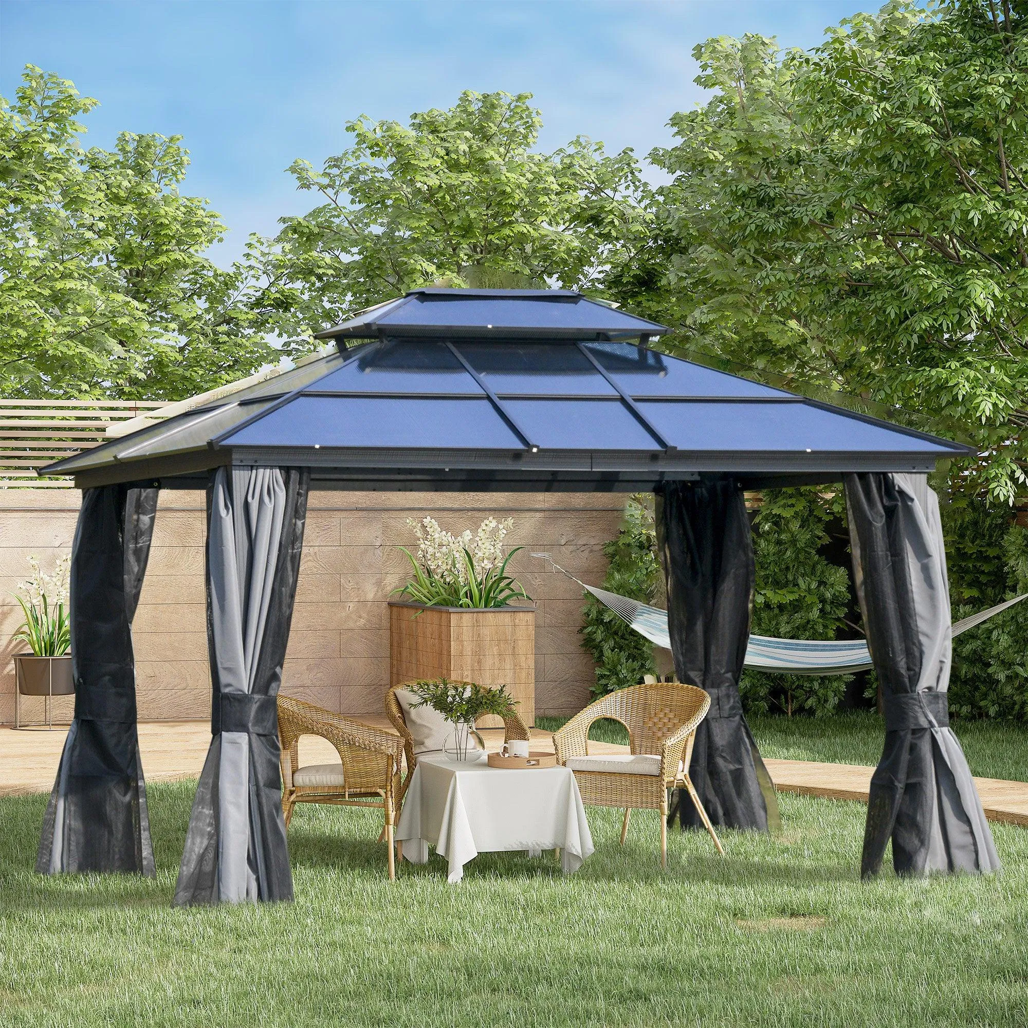 10' x 12' Hardtop Gazebo Canopy with Polycarbonate Double Roof, Aluminum Frame, Gray