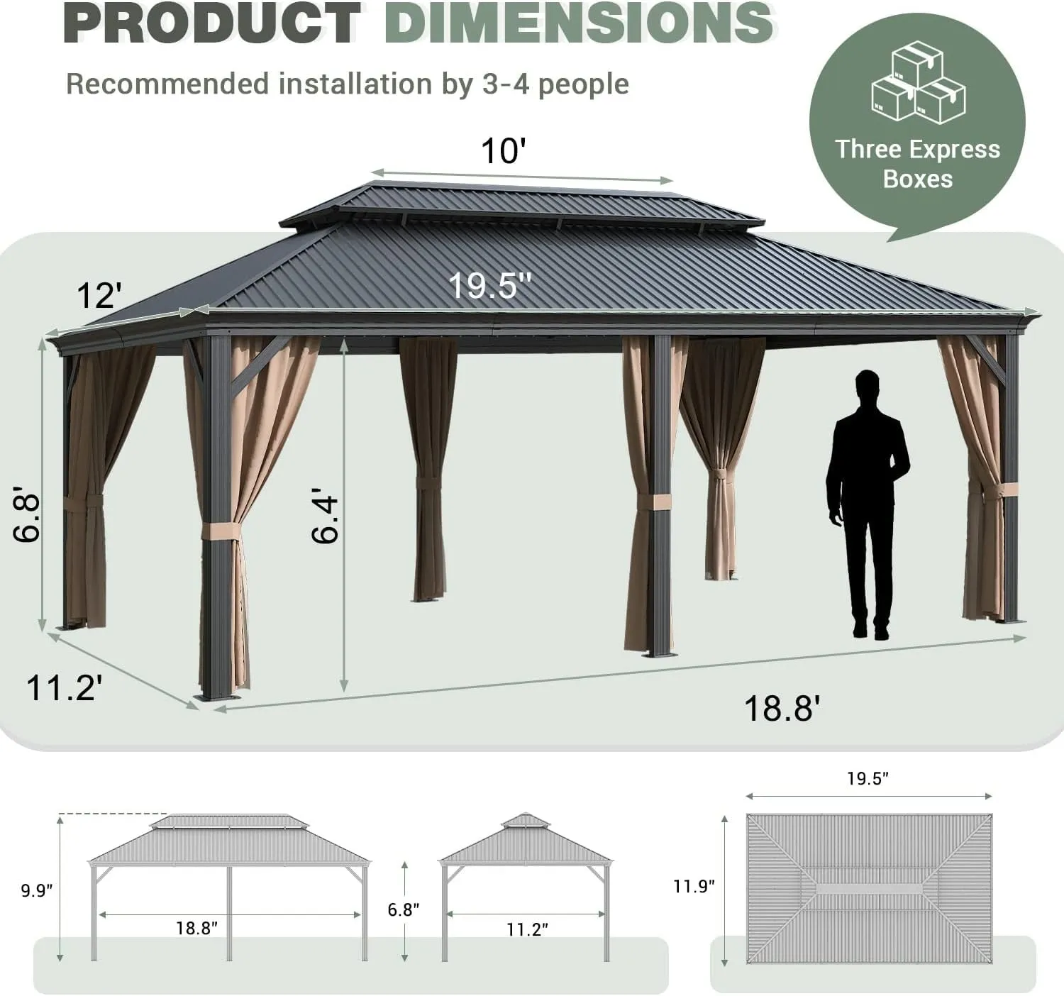 12'X20' Hardtop Metal Gazebo, Outdoor Galvanized Steel Double Roof Canopy, Aluminum Frame Permanent Pavilion with Netting and Curtains for Lawns, Patio, Deck, Black