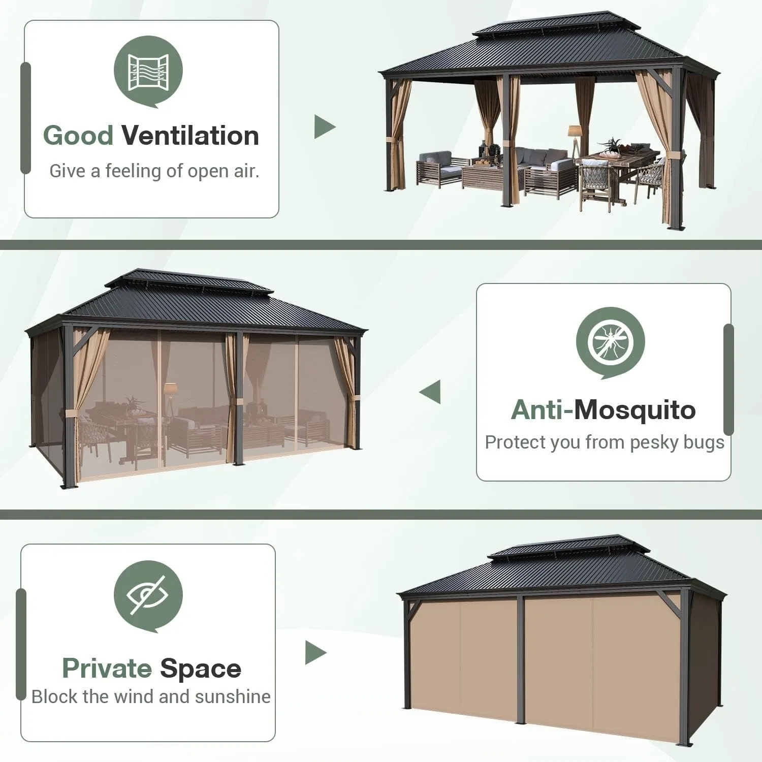 12'X20' Hardtop Metal Gazebo, Outdoor Galvanized Steel Double Roof Canopy, Aluminum Frame Permanent Pavilion with Netting and Curtains for Lawns, Patio, Deck, Black