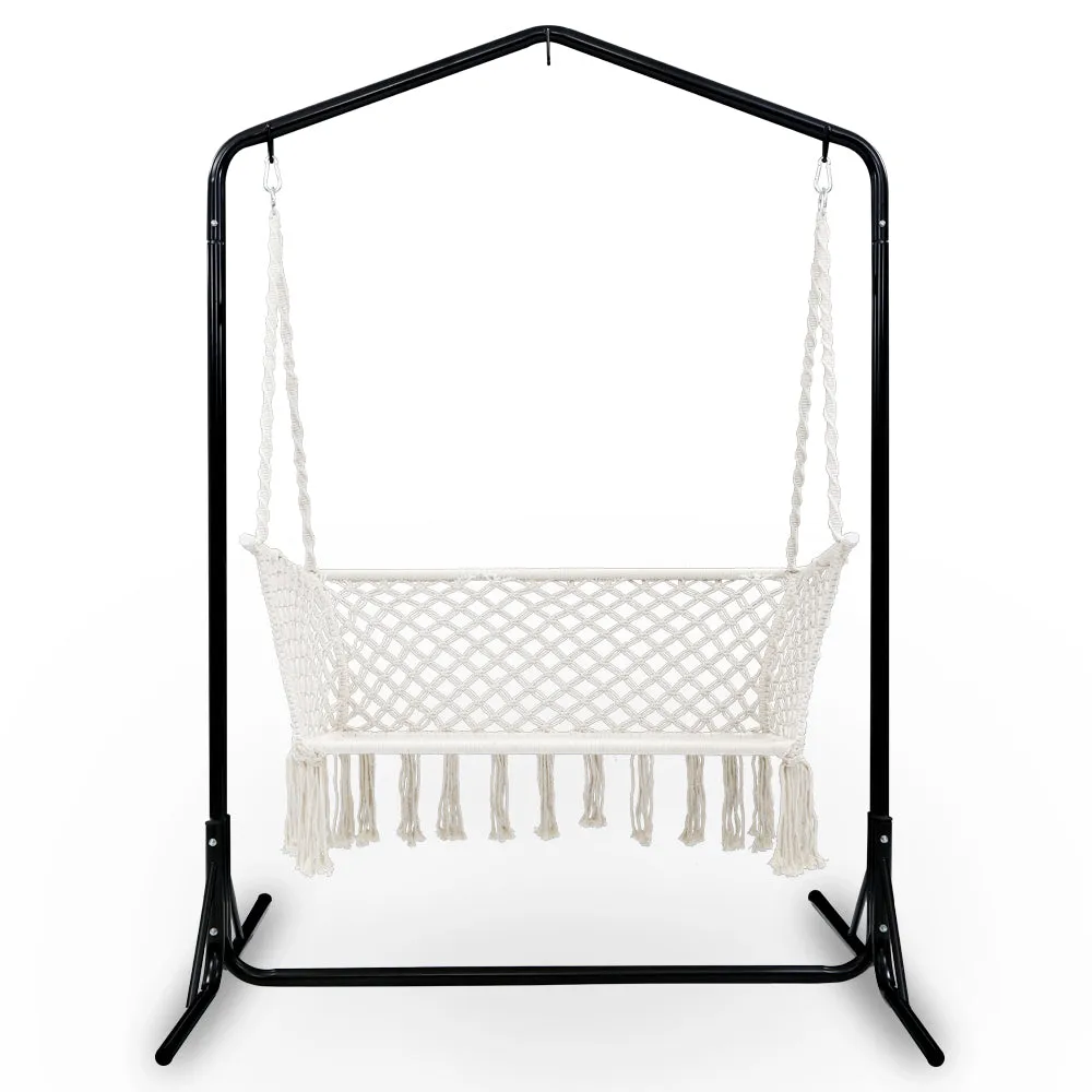 2-Seater Hammock Chair with Stand Macrame Outdoor Garden - Cream