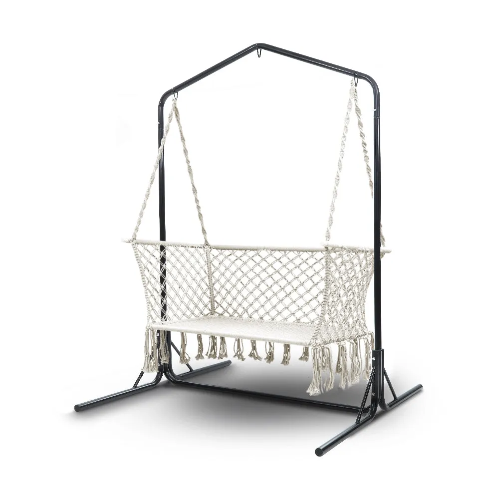 2-Seater Hammock Chair with Stand Macrame Outdoor Garden - Cream