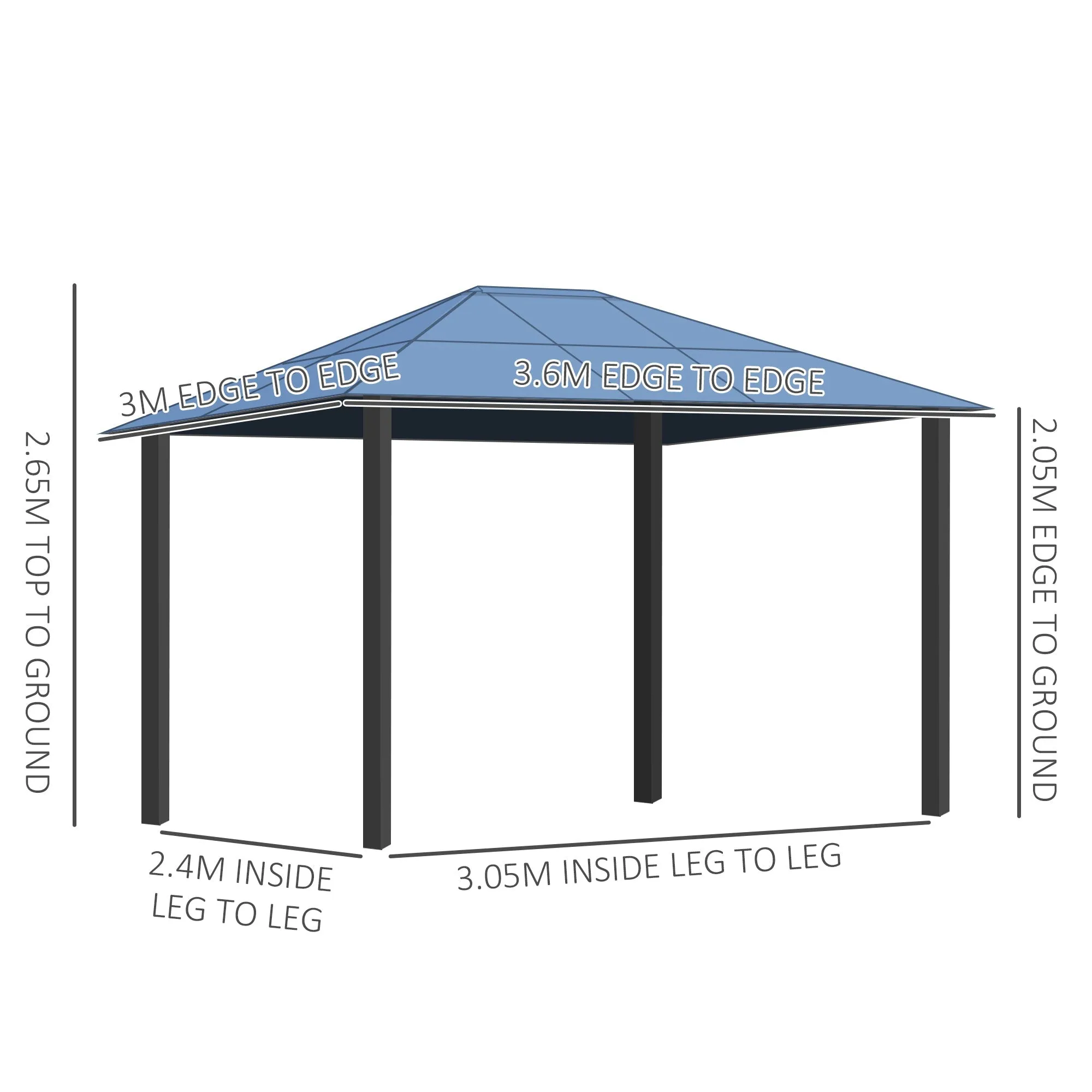 3 x 3.6m Polycarbonate Hard Top Gazebo with LED Solar Light and Aluminium Frame