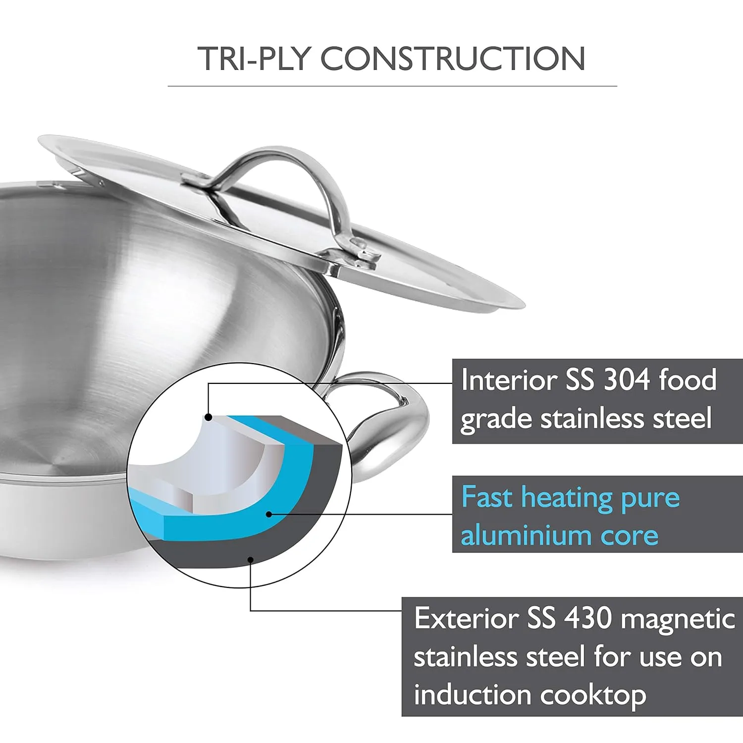 Armour Tri-Ply Induction Base Kadhai with Lid