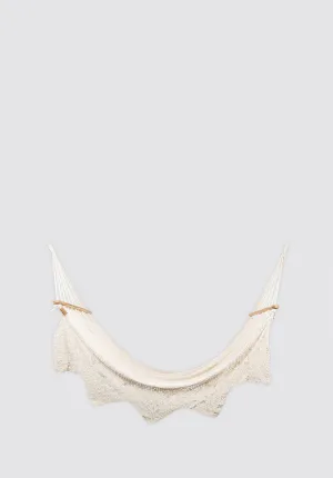 Boho Natural Cotton Hammock with Geometric Fringe (Wooden Bar)