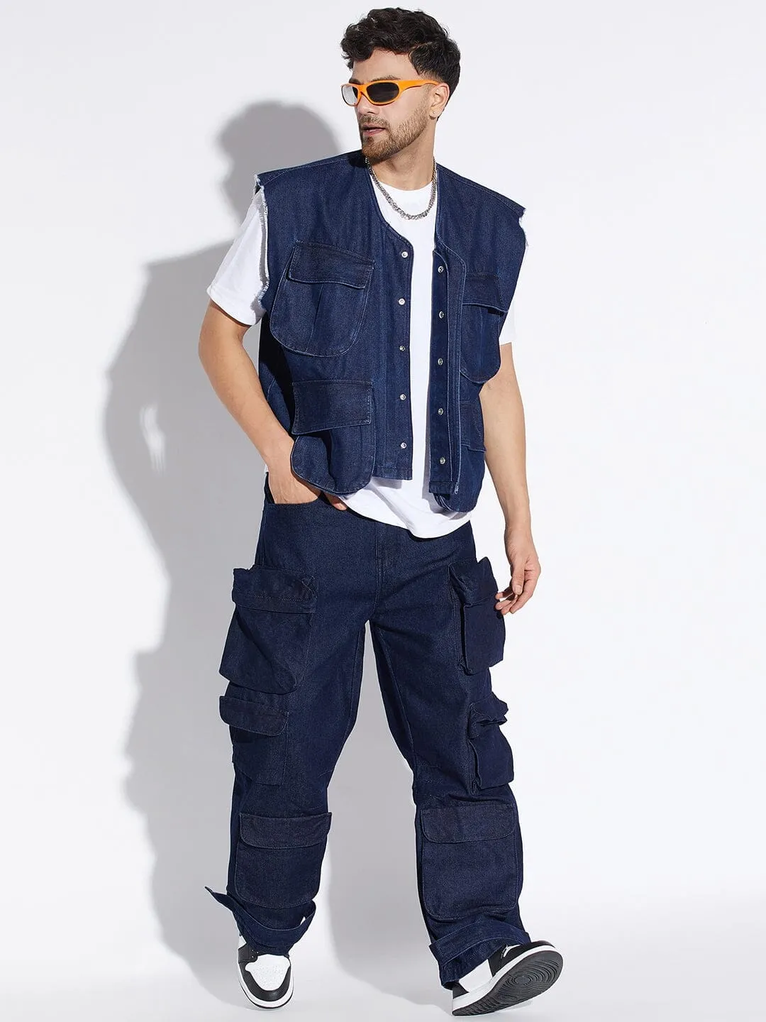 Dark Wash Denim Utility Sleeveless Jacket