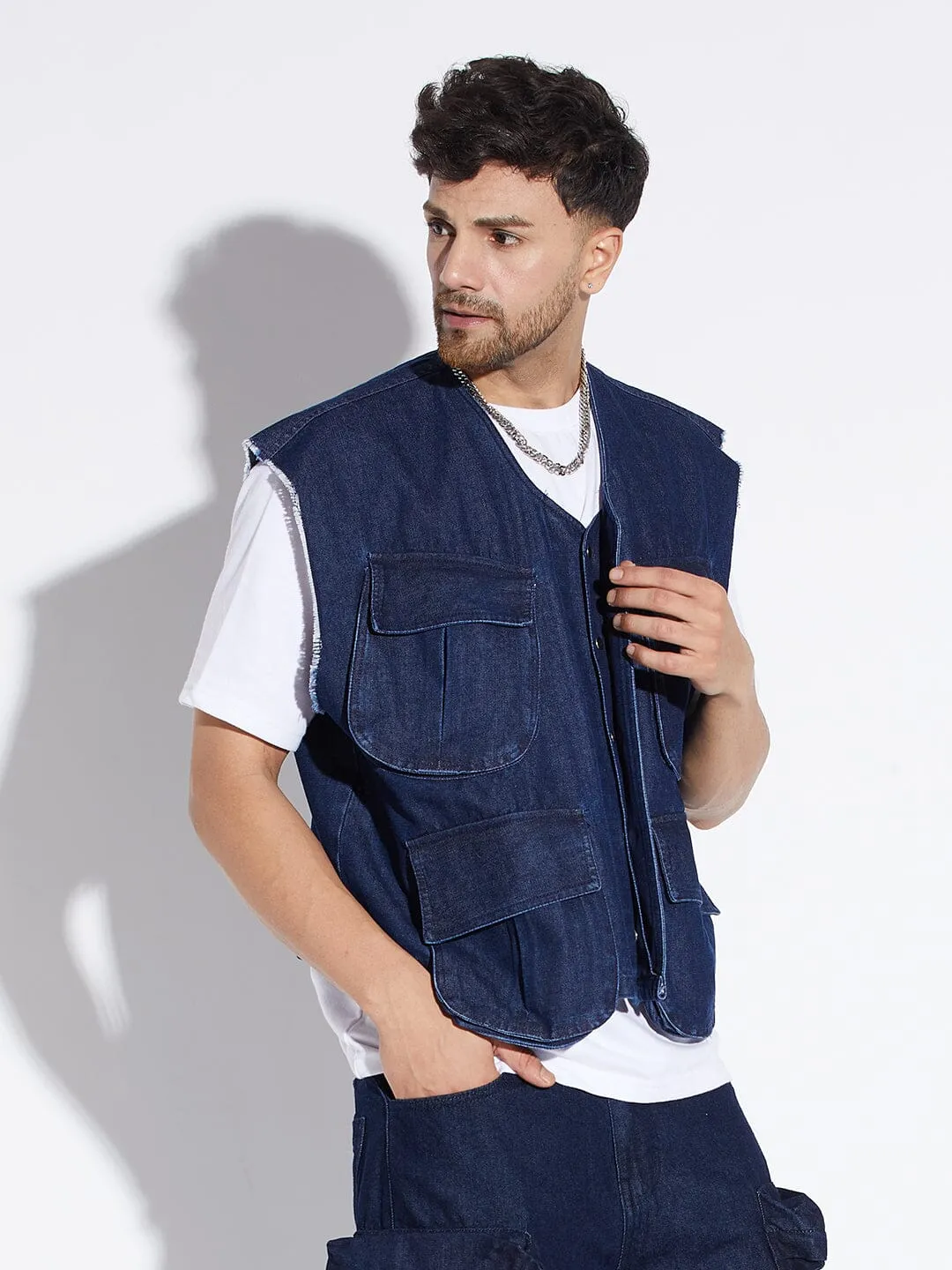 Dark Wash Denim Utility Sleeveless Jacket