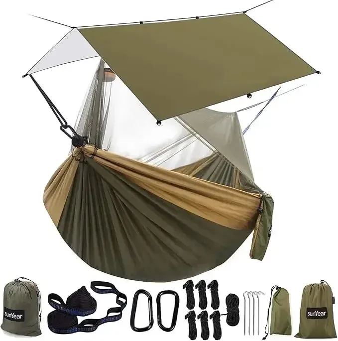 Hammock Camping with Rain Fly Tarp and Net, Portable Camping Hammock Double Tree Hammock Outdoor Indoor Backpacking Travel & Sur