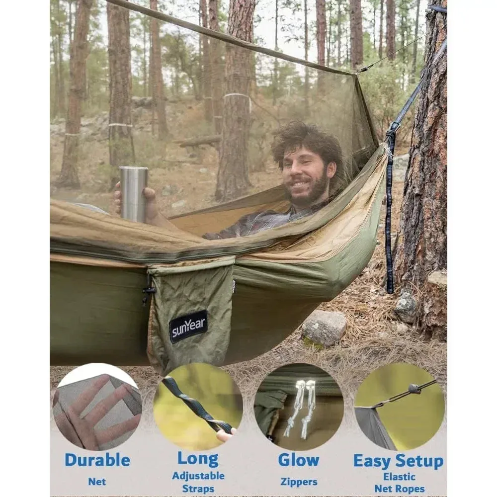 Hammock Camping with Rain Fly Tarp and Net, Portable Camping Hammock Double Tree Hammock Outdoor Indoor Backpacking Travel & Sur