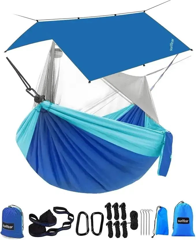 Hammock Camping with Rain Fly Tarp and Net, Portable Camping Hammock Double Tree Hammock Outdoor Indoor Backpacking Travel & Sur