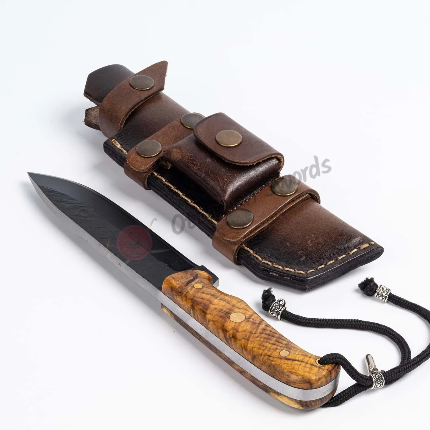 Hand Forged Black Blade Survival Knife Wooden Handle