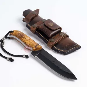 Hand Forged Black Blade Survival Knife Wooden Handle