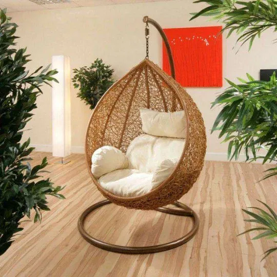 Hanging Outdoor Rattan Egg Swing Chair with Cream Cushion Pod