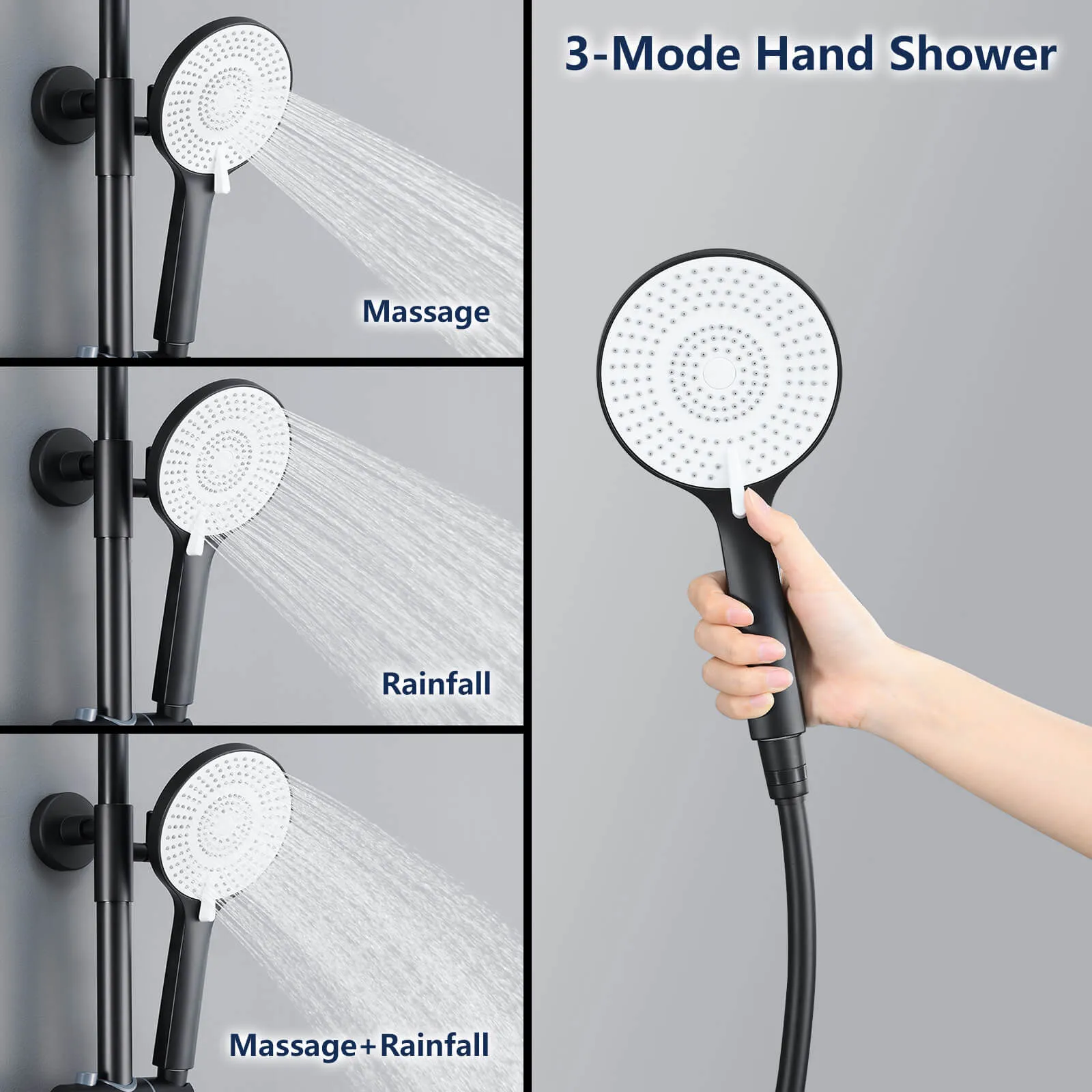 Homelody black shower system with LED temperature display. Adjustable shower rod with shelf