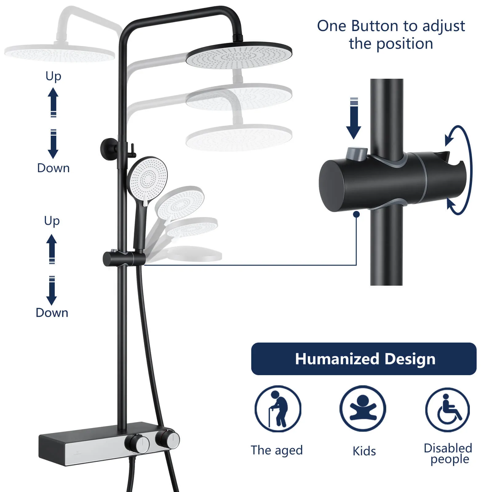 Homelody black shower system with LED temperature display. Adjustable shower rod with shelf