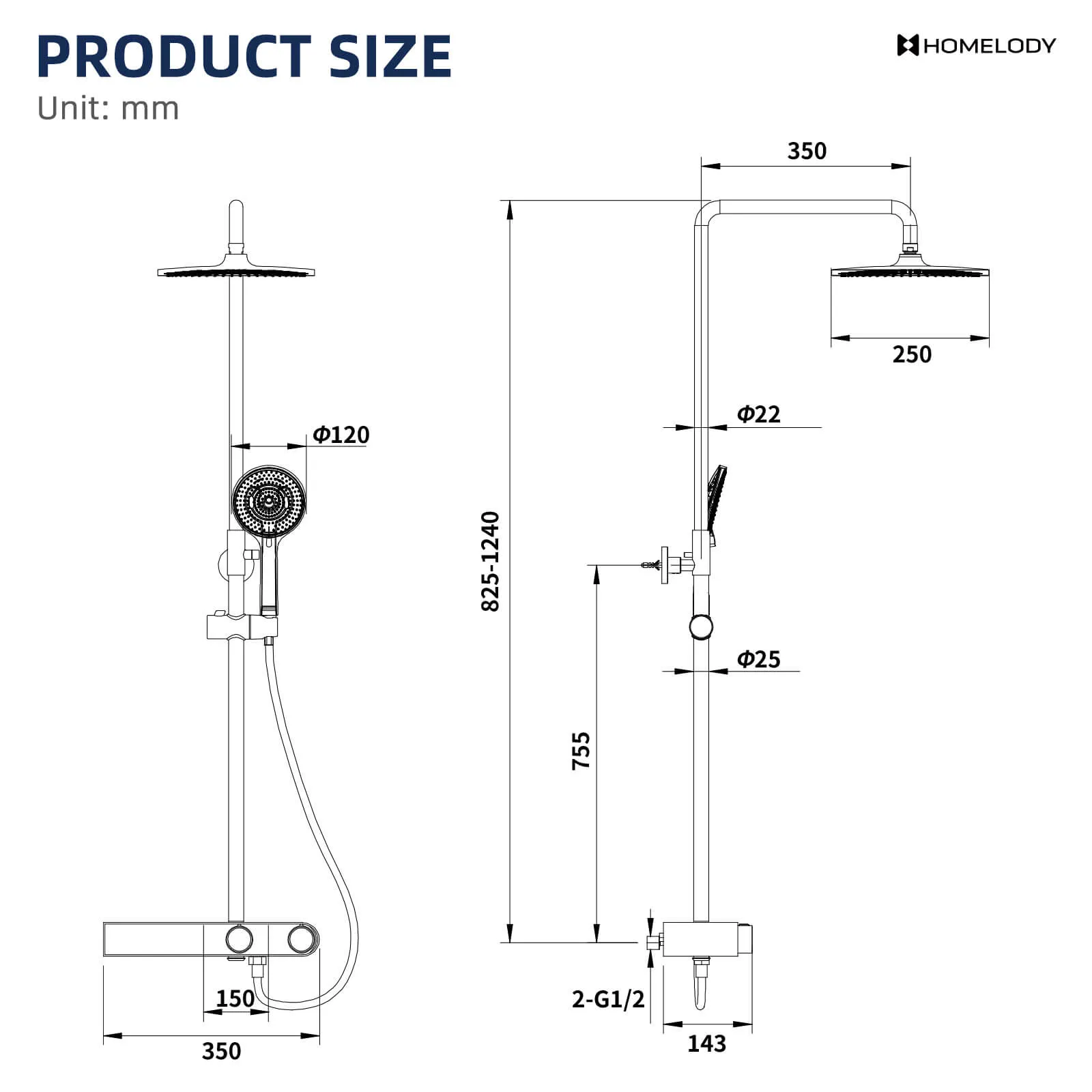 Homelody black shower system with LED temperature display. Adjustable shower rod with shelf