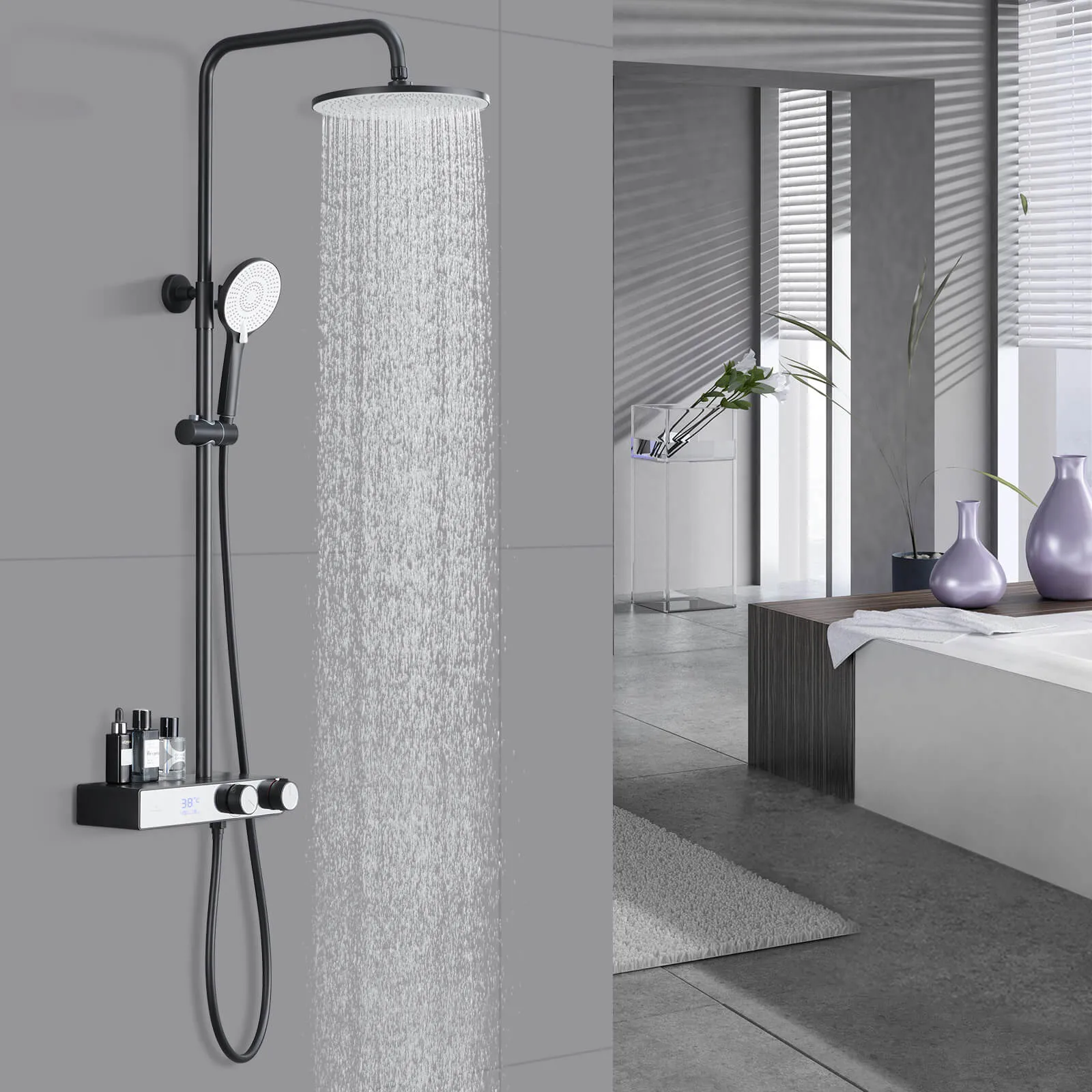 Homelody black shower system with LED temperature display. Adjustable shower rod with shelf