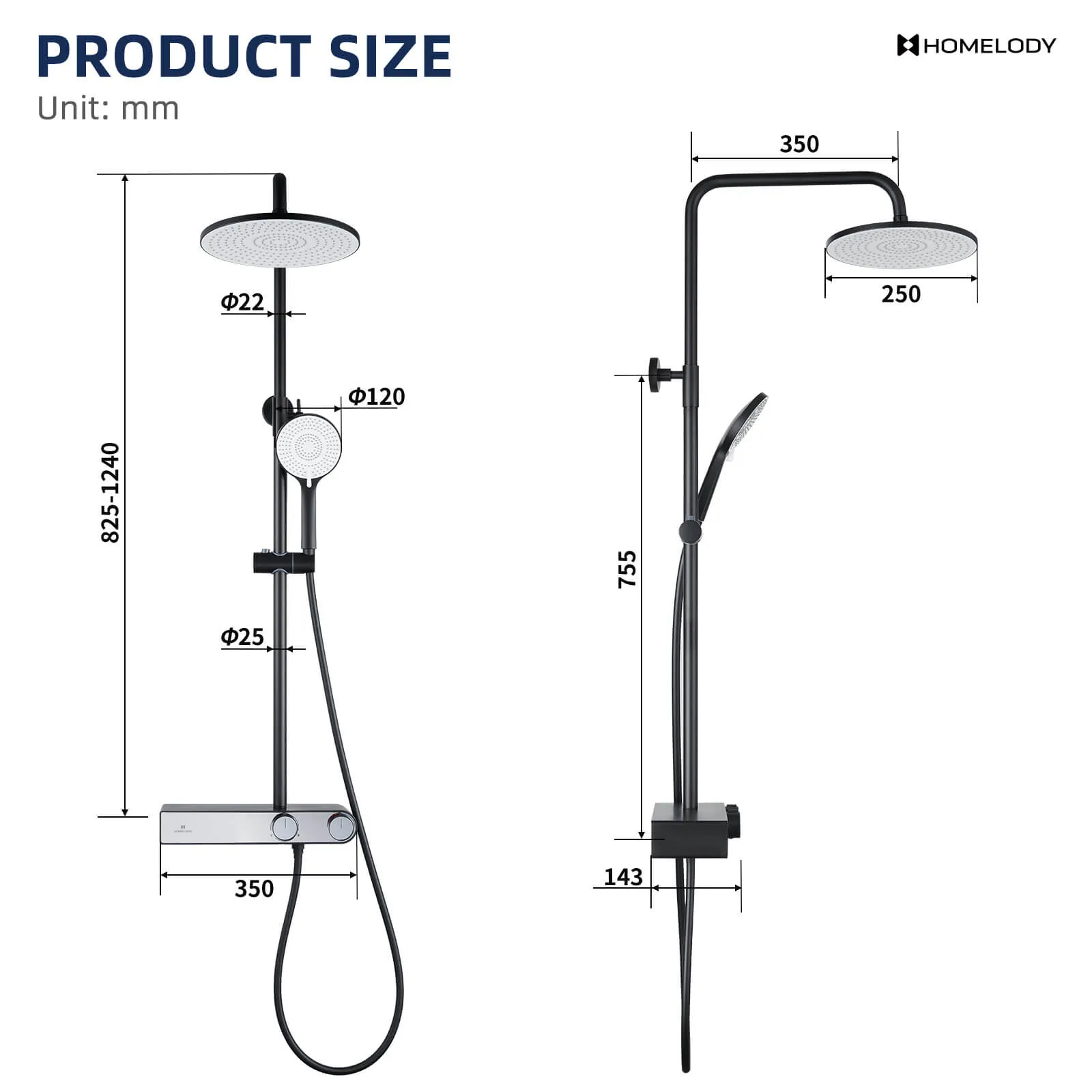 Homelody black shower system with LED temperature display. Adjustable shower rod with shelf