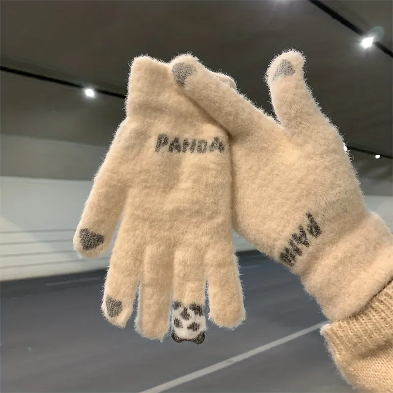 Lesser Panda Cute Plush Gloves Winter Thickened Warm Stretch Knitted Gloves Outdoor Windproof Touch Screen Gloves For Men And Women