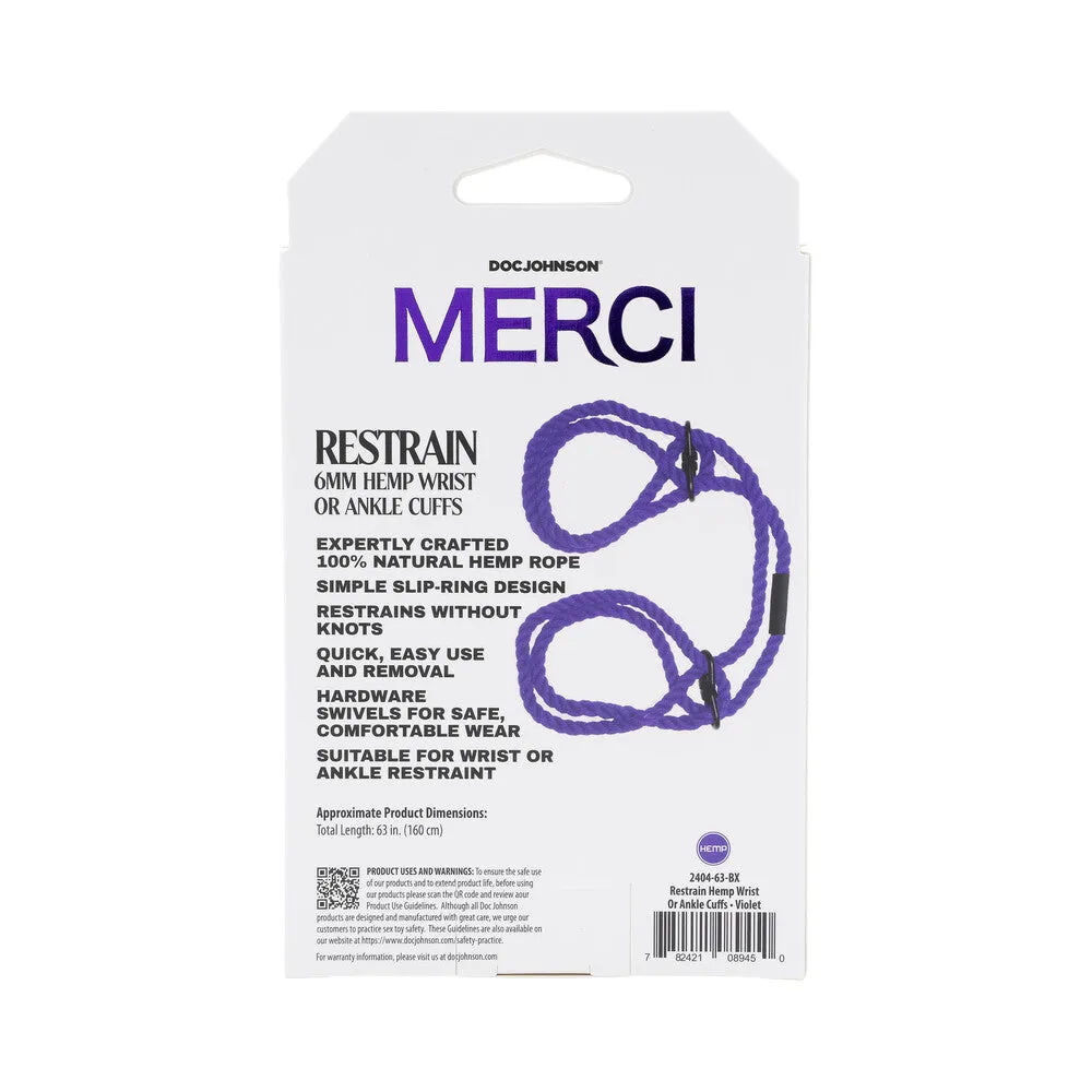 Merci Restrain 6mm Hemp Wrist or Ankle Cuffs Violet