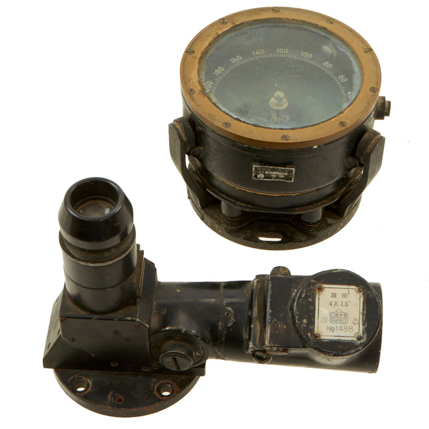 Original Imperial Japanese WWII Type 2 Gou Aircraft Compass for the Type 97 Mitsubishi Ki-21 "Sally" Bomber & Nikko 4x15 Gun Sight - 2 Items