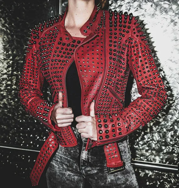 Red Studded Spiked Leather Jacket