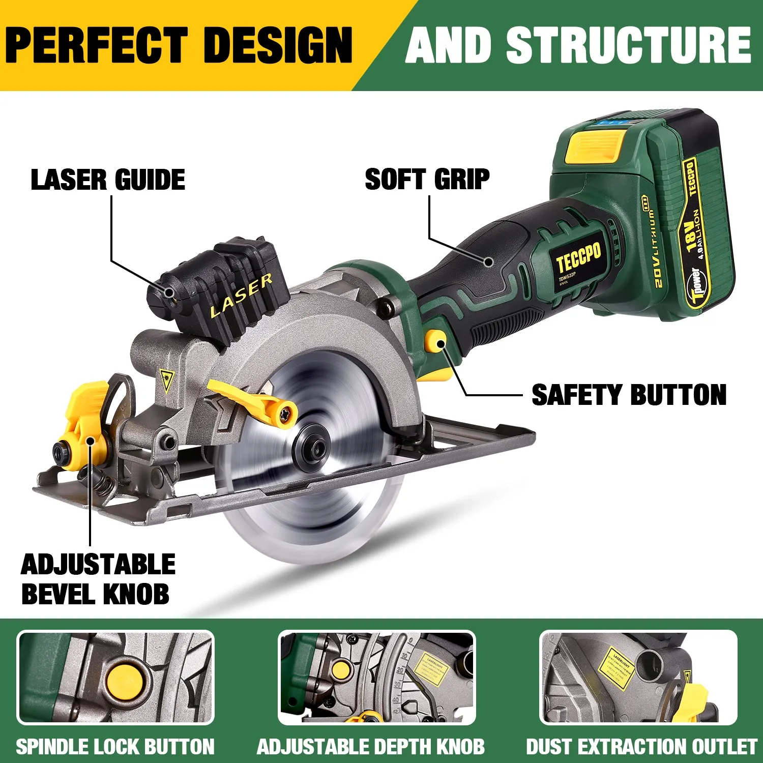 TECCPO Cordless Circular Saw 20V 4-1/2" 4500RPM Compact Circular Saw with Laser, 4.0AH Lithium-Lon Battery, 2 Saw Blades, Ideal for Wood, Soft Metal,  Plastic Cuts - TDMS22P