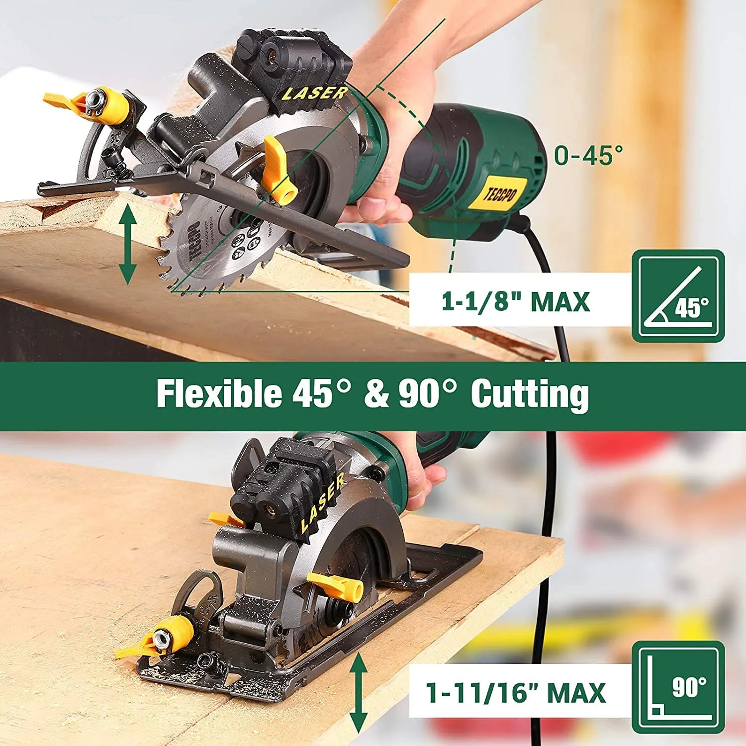 TECCPO Mini Circular Saw, 5.8A Circular Saw with Laser Guide, Fine Copper Motor, Max Cutting Depth 1-11/16'' (90°), 1-1/8" (45°), 3 Blades for Wood, Soft Metal, Tile Cuts - TPMS115A