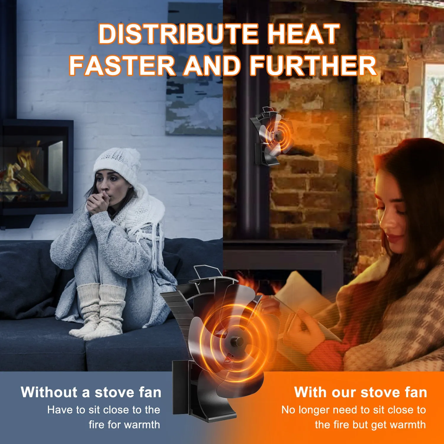 VODA 3-in-1 Wood Burning 4 Blades Heat Powered Fan with Magnet